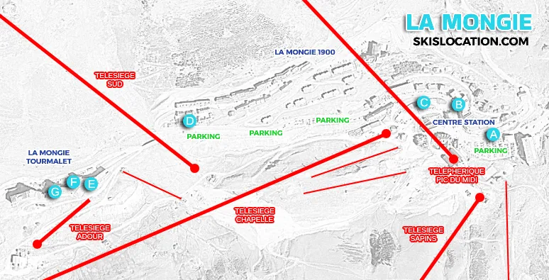plan la Mongie station magasins ski location