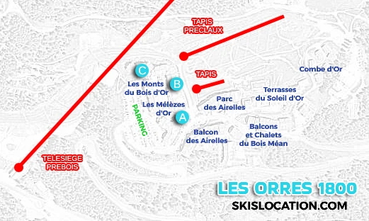 plan les orres 1800 Bois Méan magasins location skiset skimium netski